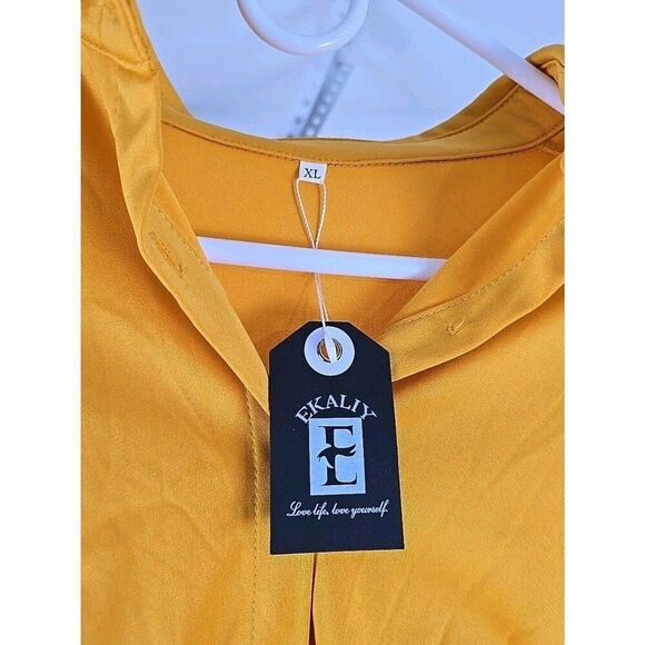 Ekaliy Long Sleeve High Low Asymmetrical Ruffle Shirt Dress Women XL Yellow - Picture 3 of 7